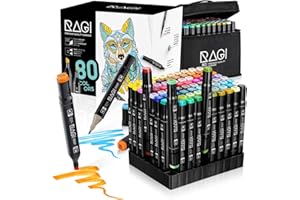 RAGI 80 Markerów Alkoholowych – Zestaw Podwójnych Markerów w Intensywnych Kolorach – Flamastry Dwustronne do Malowania Ilustracji, Szybkoschnące, Wodoodporne – Zestaw z Pod-stawą, w Czarnej Torbie