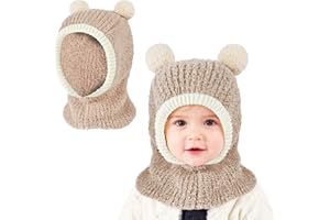 TAGVO Bonnets et Écharpes Tricotés d'hiver Enfants Bébé, Cagoule 2 en 1 avec Cache-Cou Mignon Ours Oreilles, Flexible Élastique Chaud Coupe-Vent Cagoule Balaclava pour Bébé Fille Garçon 1 à 5 Ans