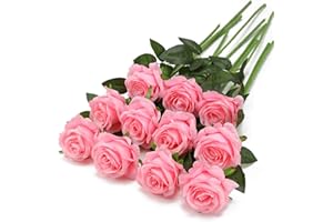 Tifuly Pink Fake Roses Artificial Flowers - 10 Pcs Fake Artificial Pink Roses Silk Flowers with Stems for Home Wedding Hotel Office Centerpiece Decor