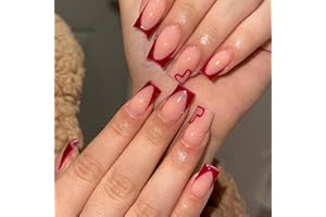 TMUT 24pcs French False Nails Short Red Tip Stick on Nails Square Press on Nails with Red Heart Removable Glue-on Nails Full Cover Fake Nails Women Girls Nail Art Accessories