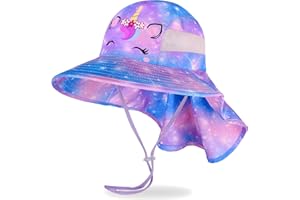 MHJY Sombrero de Sol para Niñas Protección UV Verano Ajustable Gorro de Playa Sombrero Unicornio con ala Ancha y Solapa para el Cuello para Niños de 2 a 9 Años