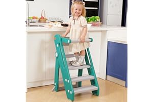 Onasti Montessori Learning Tower, Foldable Toddler Learning Tower, Stool for Children, kitchen learning helper standing tower, Adjustable Height Kids Learning Stool with Safty Rail (Green)