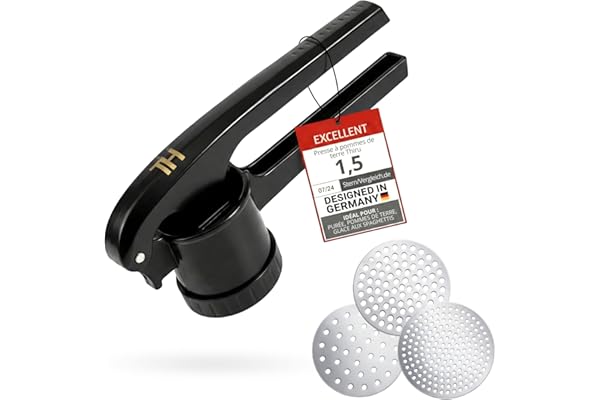 Thiru presse purée 3in1 - presse purée manuel avec 3 disques en acier inoxydable – purée, légumes & desserts – appui casserole antidérapant – compatible lave-vaisselle