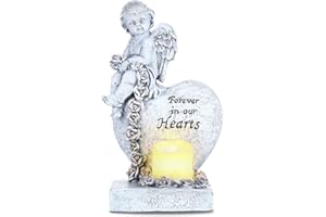 Kssiaz Engel Statue Sympathie Geschenke, Betend Flügel Engelfigur aus Harz mit LED Teelichter Kerzenhalter, Herz mit Gedenkworten für Zuhause Kamin Dekoration Erinnerung Trauer Beileid Geschenk