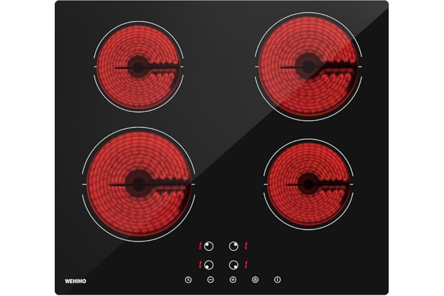 WEHIMO Glass Ceramic Hob 4 Burners, Electric Hob, 59 cm, 6000W, 4 Cooking Areas, 9 Heating Levels, Timer, Touch Control, Child Safety