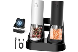 OIDOZAC Rechargeable Salt and Pepper Grinder Set, Upgraded Larger Capacity Electric Salt and Pepper Grinder Set with USB Charging Base & White LED Light, 5-Level Adjustable, One-Handed Operation, 2 Pack