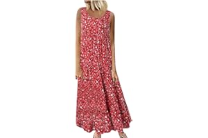 LUOLUOLUO Women's Cotton Linen Dress Floral Maxi Long Dress Casual Sleeveless Crewneck A Line Dress Plus Size Swing Dress Vintage Bohemian Loose Dresses Pageant Prom Ball Gowns Cocktail Dresses UK Size
