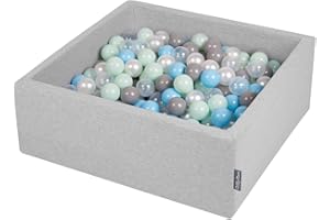 KiddyMoon 90X30cm/200 Balls ∅ 7Cm / 2.75In Square Baby Foam Ball Pit Made In EU, Light Grey:Pearl/Grey/Transparent/Baby Blue/Mint