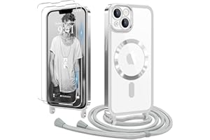 Ethanger Handykette für iPhone 13 iPhone 14 Hülle mit Band + 2 Stück Glas Schutzfolie Transparent Silikon Handyhülle Magnetische Schutzhülle für iPhone 13/14 Silber