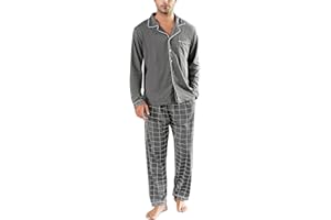 Bresdk Pijama Hombre Invierno Algodon Ropa de Dormir con Botones Pijamas Largos Manga Larga Dos Piezas