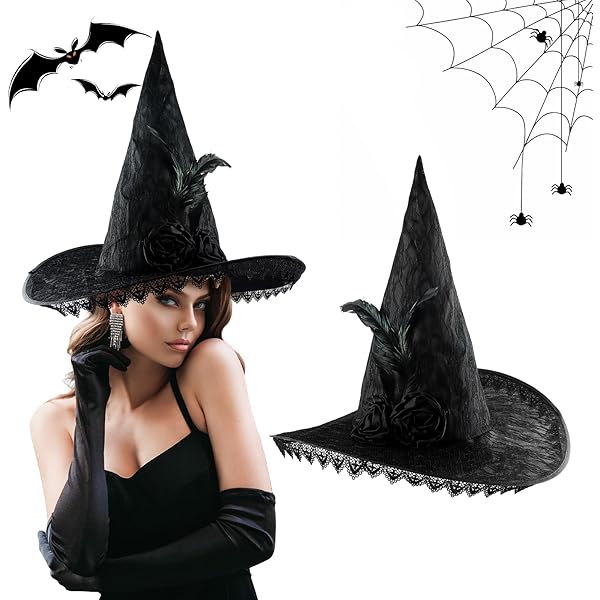 Himissy Chapeau Sorciere, Halloween Chapeau De Sorciere Femme, Chapeau Halloween Adulte, Pour Deguisement Sorciere Femme, Costume Halloween Femmes Sorcière, Carnaval, Noir (G