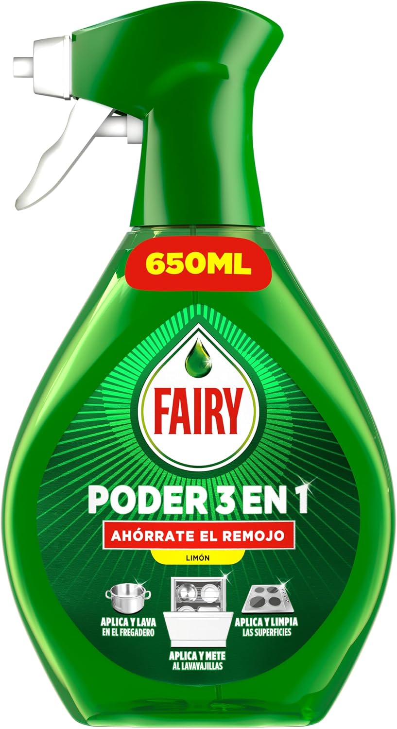 Fairy Poder Sin Remojo Limón Spray, de Pre-Tratamiento Para Vajilla Y Cocina, Eficaz Con El 100% De La Grasa, Antigrasa, Desengrasante, Limpieza Rápida Y Sin Esfuerzo, 650ml