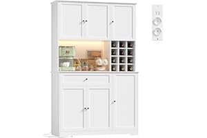 FirFurd Alacena Cocina Grande, Armario Cocina Almacenaje, Mueble de cocinas, Armario Despensa cocinas, Aparador, con Iluminacion LED, Regleta, Encimera, Botellero 12 Botellas, 1 Cajón (Blanco)