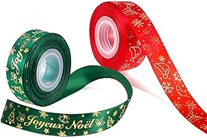 DPKOW 18.3m Français Ruban Noël Rouge Vert Bolduc Ruban pour Cadeau Emballage Noël Noeud Sapin Déco Guirlande, Satin Bolduc pour Noel Bricolage Artisanat Couture, 2 Rouleaux (9.14m/Rouleaux)