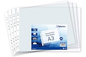 Waytex Chemise Pochette perforée A3, épais 7.5/100, Sachet de 10 (Ouverture Haut)