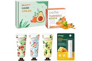 KEARLGMBH Cremas Manos Regalos Mujer,Set Regalo Cuidado de la Piel Mujer,3 Crema de Manos + Jabón de Cúrcuma + Bálsamo Labial de Miel, Sets de Regalo de Belleza para el Cuidado de la Limpieza de la Piel