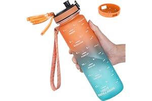 GOPPUS Butelka na wodę z tritanu, 1000 ml, ze słomką, szczelna butelka na napoje z wymiarami, butelki sportowe z zamykaną otwieraną górą, motywacyjne butelki ze znacznikami czasu, do szkoły, dorosłych