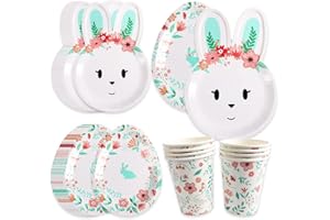 CLVSYH Vaisselle pour Fête de Pâques, 24Pcs Set de vaisselle pour fête de lapin de Pâques, Gobelets en Papier pour Fête d'anniversaire d'enfants, pour Décoration de Fête de Pâques, (Vert)
