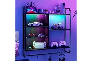 YOURLITE 4 Tier Floating Shelves 83CM LED Wall Mounted Shelf with Adjustable Glass Shelf Pipe Shelves Hanging Display Rack Bookshelf with 6 S Hooks for Living Room Bedroom Gaming Room Bar, Black