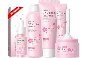 LAIKOU Sakura zestaw do pielęgnacji skóry, 5-częściowy zestaw do pielęgnacji twarzy Sakura dla nastolatków, zestaw upominkowy do pielęgnacji skóry dla kobiet z oczyszczaczem tonerem, serum pod oczy,