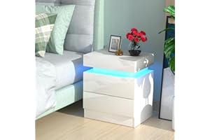 Lvhcmfohm Nachttisch Weiß mit Led Licht, Nachtschrank, Nachtkommode mit 2 Schubladen und Schränke mit Klappdeckel für Wohnzimmer, Schlafzimmer (45x35x52cm)