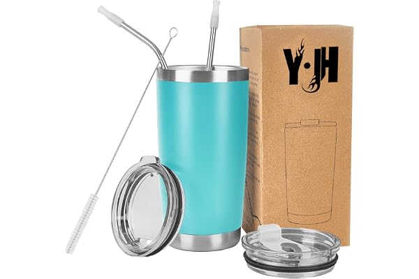 Y·J&H 20oz (550ml) Gobelet de voyage Tasse à café à paroi double isolée sous vide acier inoxydable,avec 2 couvercles anti-éclaboussures, 2 pailles et brosse de canalisation, sans BPA - Turquoise