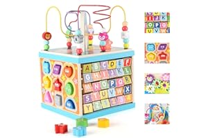 Wondertoys Wooden 5 in 1 Multipurpose ABC-123 Abacus Bead Maze Shape Sorter baby Activity Cube Toy