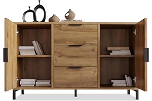 MOGAME Sideboard Buffet Cabinet, Kithchen Storage Cabinet,Cupboard Console Table with 2 doors and 3 drawers,Adjustable shelf, 40D x 120W x 76H, for Dining Room, Bedroom, Hallway (Dark Oak-A)