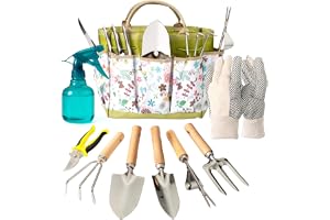 Bamworld trädgårdsverktygsset 9-delat inkl. blommig bärväska, trädgårdsredskapsset med rostfria verktygshuvuden, trähandtag, trädgårdshandskar, sprayflaska & trädgårdssaxar, presentset