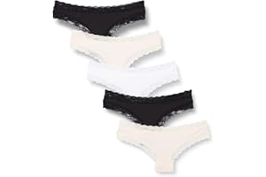 Iris & Lilly Tanga de Tira en Algodón y Encaje Mujer, Pack de 5