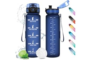 KOLLYKOLLA Borraccia 1L, Borraccia con Filtro, Bottiglia Riutilizzabile, Bottiglia Acqua a Prova di Perdite, Borraccia Sportiva con Indicatore del Tempo Motivazional, Borracce per Bici, Palestra, Scuola