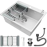 STANEW Noxidable Kitchen Sink 1 Bowl 55 x 45 cm, Over Countertop, with Extendable Filter Basket, Soap Dispenser, Silver