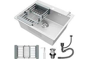 Évier Cuisine 1 Bac 55 x 45 cm, STANEW Évier Encastrable, Trous pour Robinets et Distributeur de Savon et panier télescopique, Argent