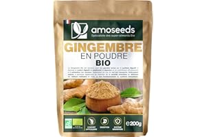 AMOSEEDS Gingembre en Poudre Bio 200G | Antioxydant, Articulations, Anti-nausée | Goût citronné et piquant | Qualité Supérieure