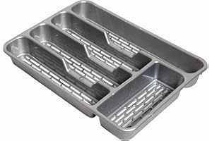 BRICOMIRAS Cubertero para cajón con 4 o 5 compartimentos con agujeros LIBRE BPA, organizador cubiertos con compartimentos apto lavavajillas, separadores de cajones para cocina 32cm (Gris, 5compartimentos)