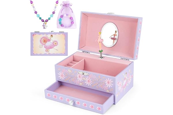 hombrima boîte à bijoux musicaux avec tiroir collier bracelet, boîte de réception de bijoux musicaux avec Ballet rotatif ensemble cadeau pour les enfants pour les filles d'enfants