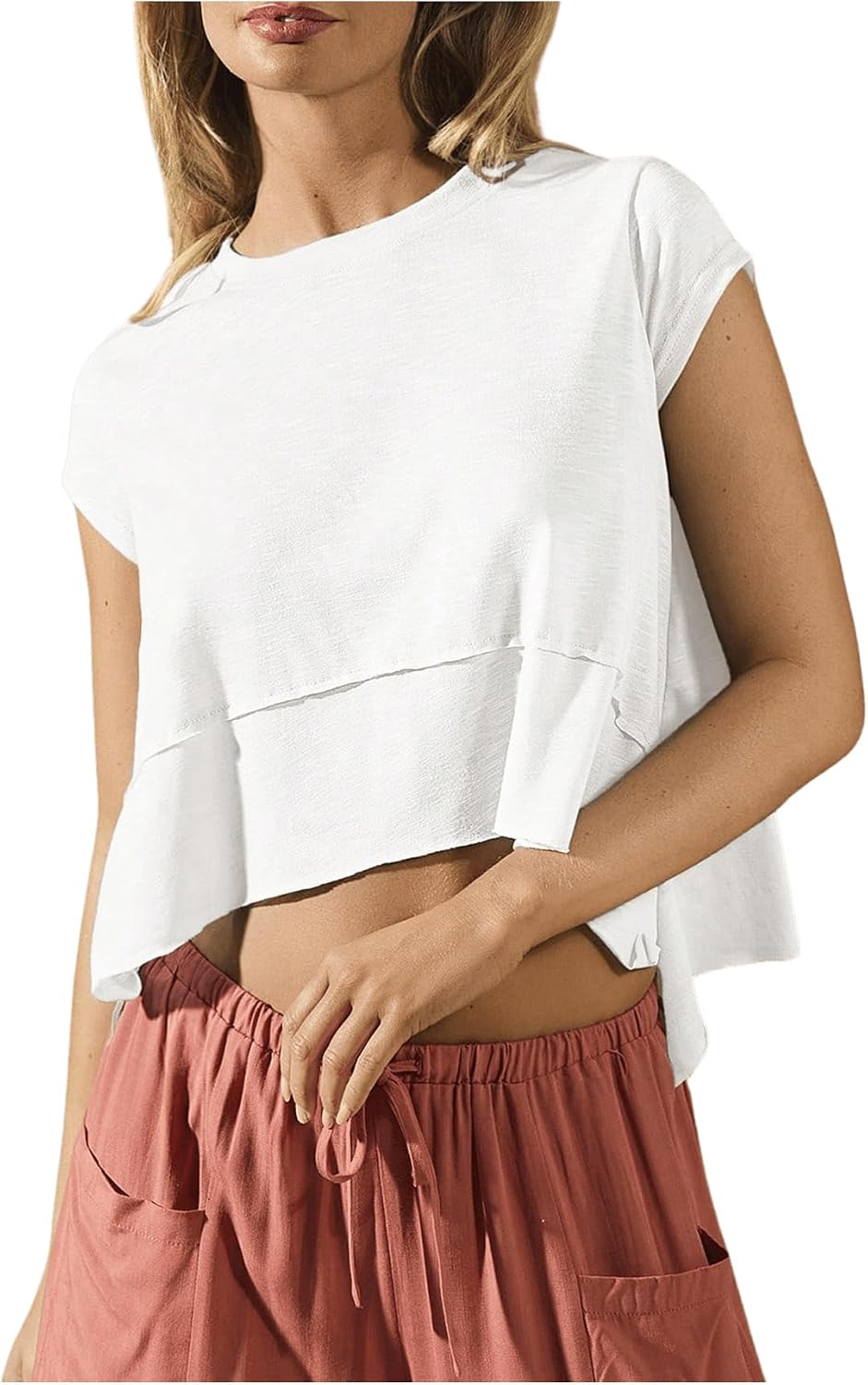 Camisetas deportivas para mujer, manga casquillo, cuello redondo, asimétrica, ajuste holgado, ombligueras de verano