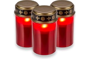 MIJOMA 3 candele a LED per cimitero, per esterni, colore rosso, funzionamento a batteria con 6 mesi di durata e effetto tremolante, Ø 7 cm x 12 cm