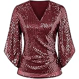 Dinnesis Top da donna con paillettes, maniche a 3/4, scintillante camicetta per feste, scollo a V, elegante top per la serata