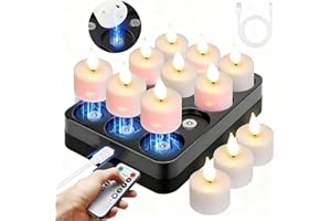 Besight LED Teelichter Wiederaufladbar mit Magnetischer Ladestation, 12er Set Flackernde LED Kerzen mit Timer & 2 Fernbedienungen, Ideal für Weihnachten Halloween Tisch Party Wohnzimmer Zimmer Deko