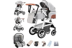 Gcarebb Carrito Bebe 3 en 1, Cochecito Bebe 3 Piezas Con Asiento De Auto, Cochecito con asa regulable en altura, Carricoche Combinado Paisaje Alto Marco de Aluminio Para Recién Nacido 0-4 años