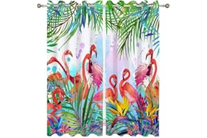 goodbath Flamingo Blackout Curtains for Bedroom, Tropical Leaves Curtains Eyelet for Living Room Nursery, Thermal Insulated Ring Top Curtains 2 Panels, 46" x 54" (117x138cm) Drop