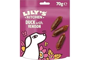 Lily's Kitchen Elaborado con ingredientes naturales paquete de golosinas para perros adultos deliciosas salchichas de pato con ciervo receta sin cereales 8 × 70g