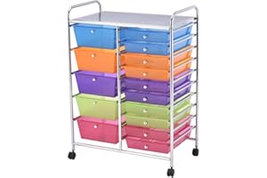 COSTWAY Carrito Auxiliar con Ruedas, Carro Almacenaje con 15 Cajones Apilables, Carrito Organizador con Ruedas Bloqueables de Metal para Cocina Oficina, Baño, 37x63x87cm (Multicolor Transparente)