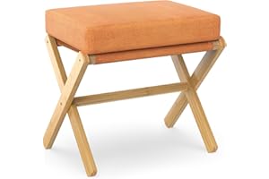 ‎BAMBOOHOMIE BAMBOOHOMIE Makeup Eitelkeit Hocker, Faltbarer Fußhocker mit Bambus X Beinen, Ottoman Fußstütze Stuhl für Vanity, Moderne Fußhocker klein gepolstert für Wohnzimmer (Natürlich - Orange)