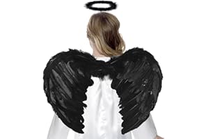 Juxtaposia EngelsflüGel Schwarz,45cm Engel KostüM Damen Mit Heiligenschein Und,Engel KostüM Damen,Engels FlüGel KostüM,FederflüGel Engel,EngelsflüGel Deko,KostüM Engel.