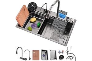 RIBANEDY Fregadero de cocina Nano negro Fregadero cascada de acero inoxidable 304 Fregadero de cocina de estación de trabajo de un solo tazón con Grifo extraíble de pantalla digital multifuncional 80x46x21 cm