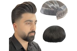 N.L.W. N.L.W Peluca Natural Hombre 100% Cabello Humano Toupet Hombre Swiss Lace Combine with PU Tupé natural para hombre（#1B 9 * 6)