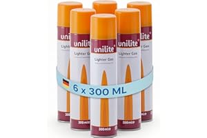 UNILITE Butan Feuerzeuggas - 6 x 300 ml - mit je 6 x Adapter - Gaskartusche zum Nachfüllen von Gasfeuerzeug, Küchenbrenner, Flammbierer, Stabfeuerzeug, Sturmfeuerzeug & Co. – Nachfüllgas Feuerzeug