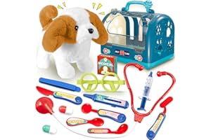 TEUVO 15Pièces Chien Jouet Enfant Chien Interactif Qui Marche et Aboie, Électrique Peluche Chien Interactif Jouet Veterinaire Enfant Malette Docteur Stéthoscope Jeu de Rôle Cadeau Filles 2 3 4 5 6 Ans